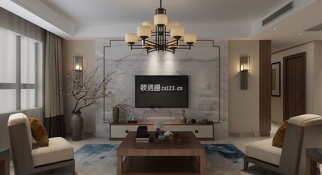 龙山新城139平三居室新中式风格装修案例