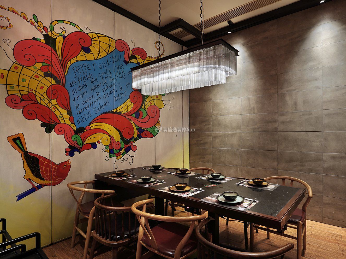 无锡饭店包间彩绘墙面装修设计图片