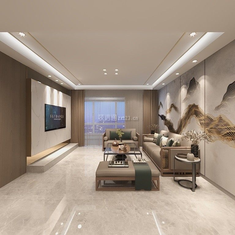 新中式客厅瓷砖装修效果图 新中式客厅窗帘装修效果图