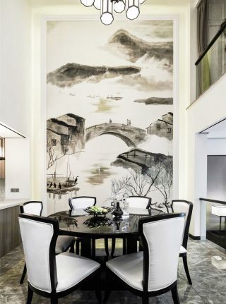 新中式復式餐廳水墨背景墻圖片