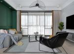 [青岛正泰装饰]86平米二居室，客厅墨绿色背景墙很高级！