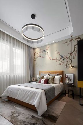 新中式風格樣板間臥室背景墻圖片