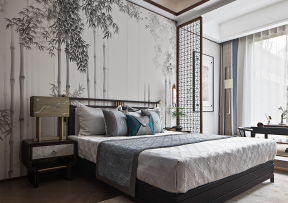 新中式房子卧室床头水墨画装饰图片