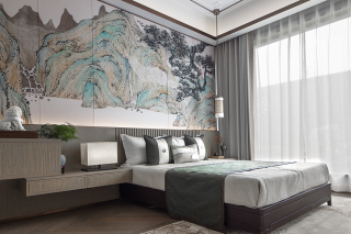 新中式风格卧室床头装潢设计图