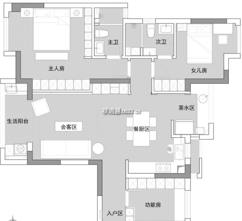 金屋一区现代简约133平三室两卫装修案例