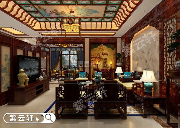 紫云轩别墅客厅中式装修实景图