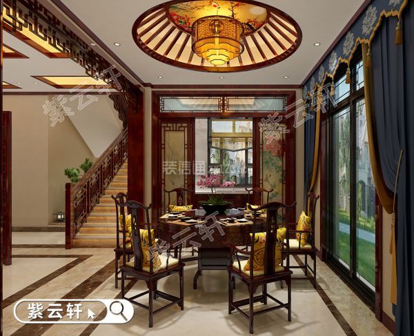 紫云轩别墅餐厅中式装修实景图