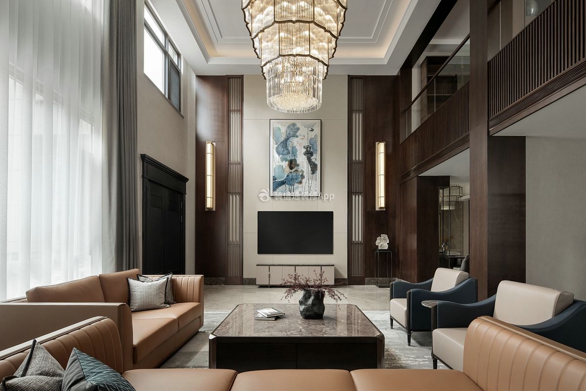 600平米现代别墅新中式客厅装修设计效果图