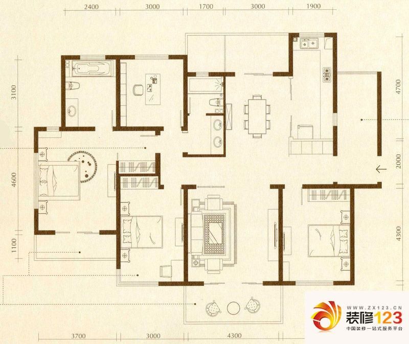 长江峰景户型图一期3号楼标准层a户型 4室2厅2卫1厨