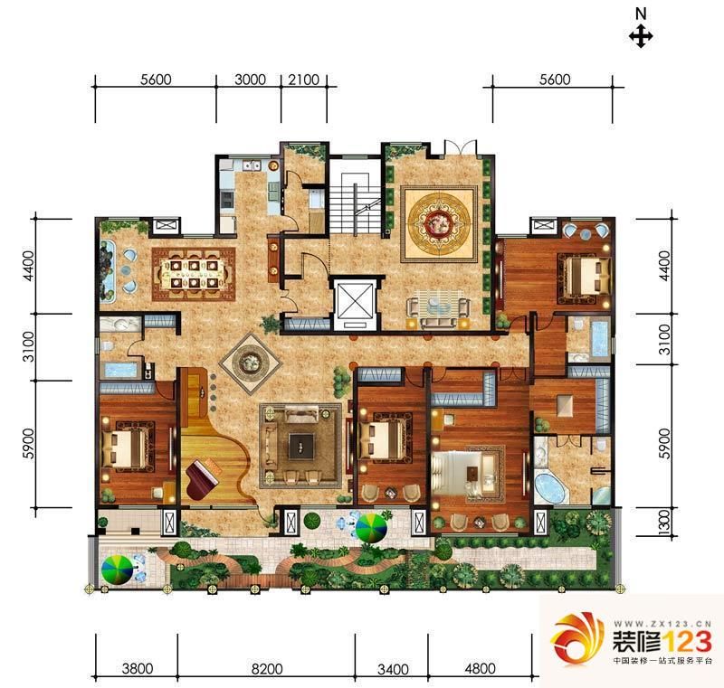 橡树湾户型图花园洋房366平米 4室3厅3卫1厨