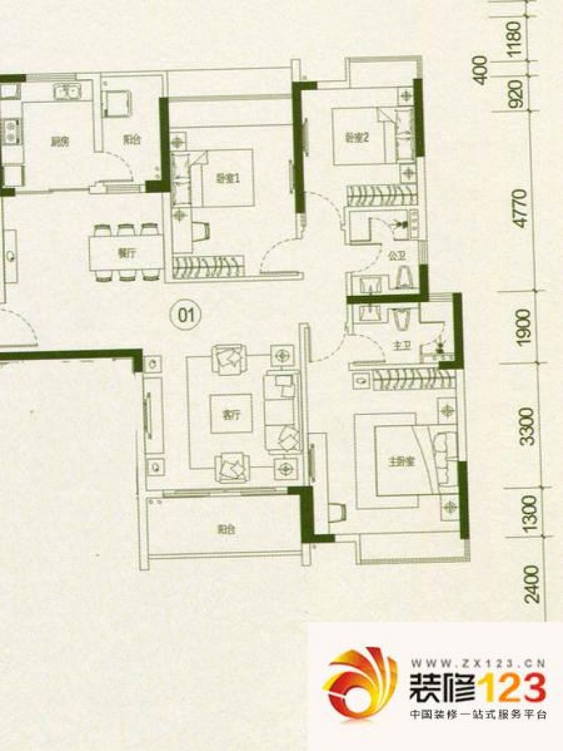 海伦春天蝴蝶谷5座01单元户型户型图