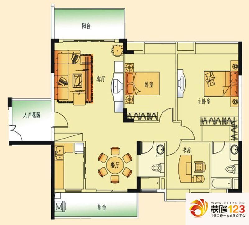 恒创恒福花园户型图3期6幢标准层04户型 3室2厅2卫1厨