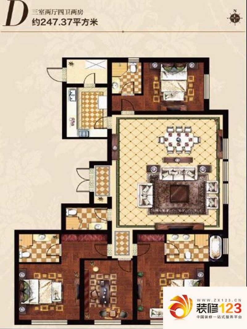 太原万达公馆户型图D户型247.37O三室两厅四卫两房 3室2厅4卫1厨