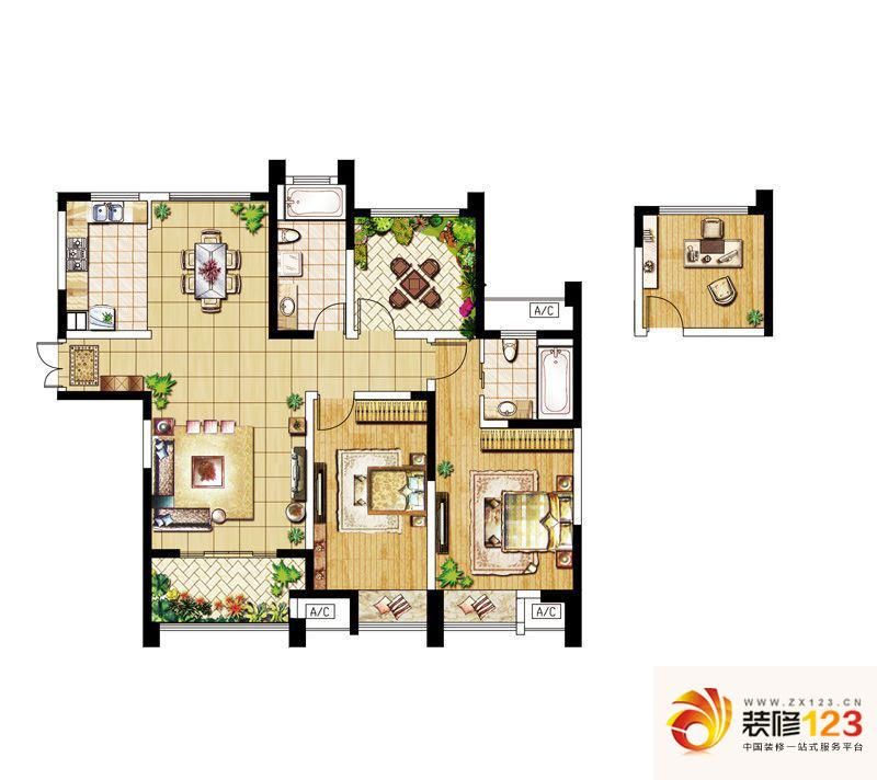 绿洲天逸城户型图高层C户型 3室2厅2卫1厨