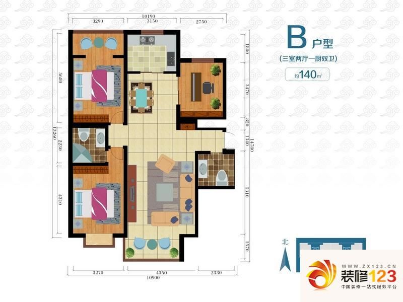 云祥花苑户型图a户型 3室2厅2卫1厨图片大全-我的小区-兰州装信通网