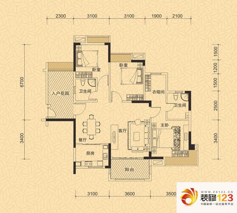 德威摩卡小镇户型图11、14栋04号房 3室2厅2卫1厨