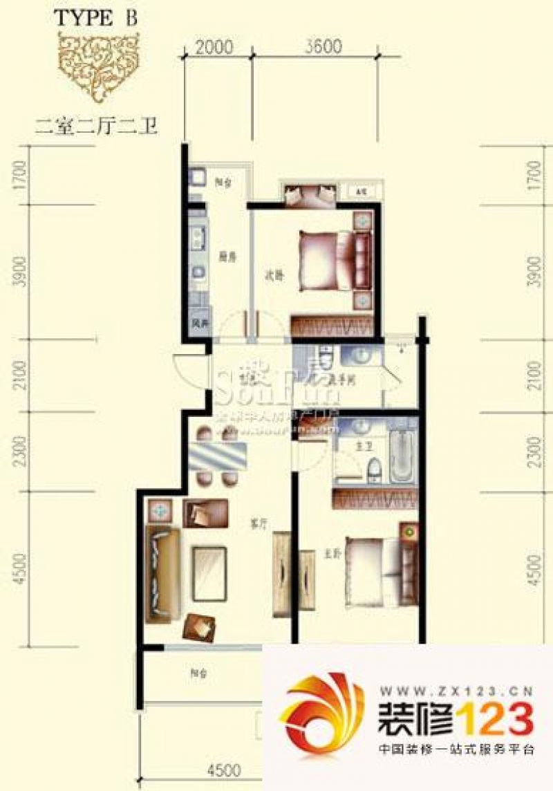 文成建筑户型图2号b户型 2室2厅2卫1厨