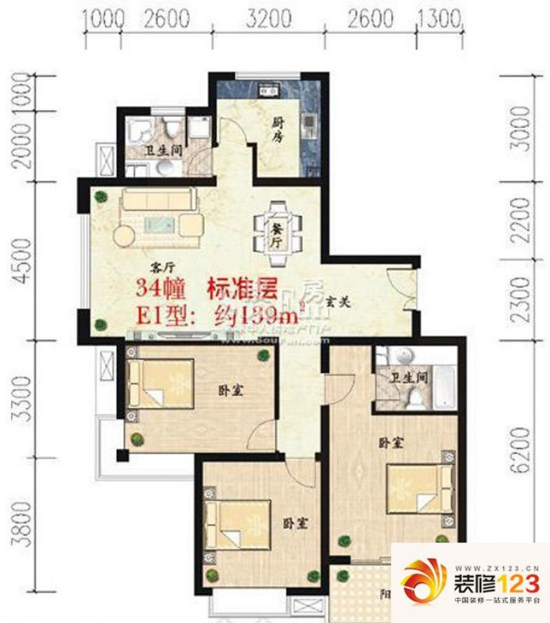 都市文涛苑户型图34幢标准层e1户型3室2厅2卫139平米 3室2厅2卫