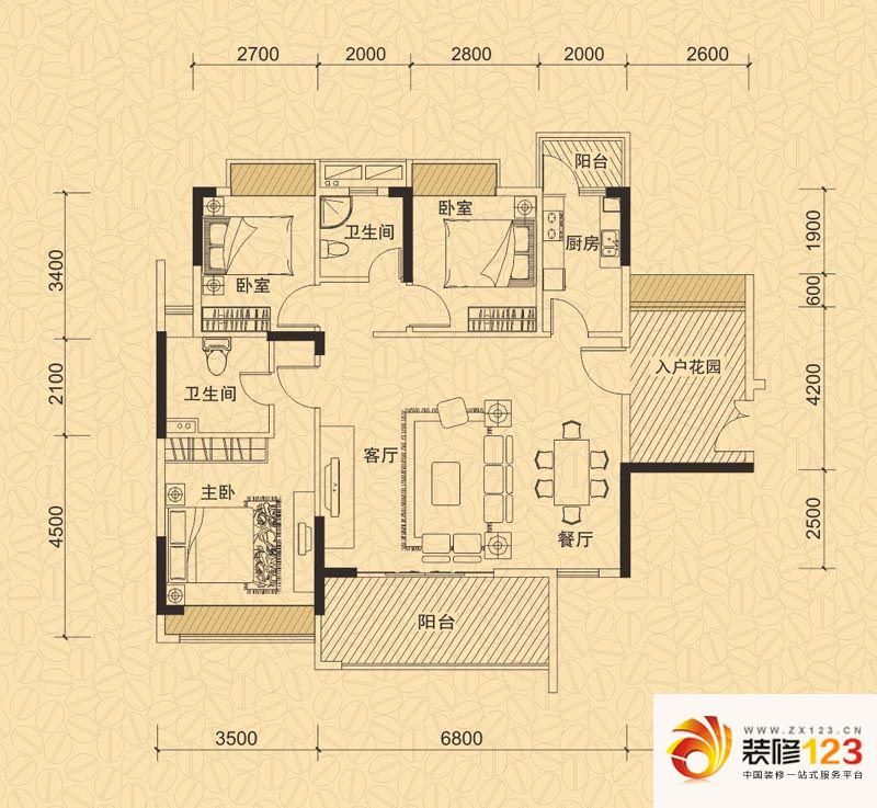 德威摩卡小镇户型图11、14栋03号房 3室2厅2卫1厨