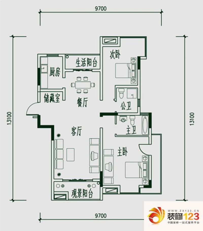 红谷十二庭户型图高层c户型 2室2厅2卫1厨