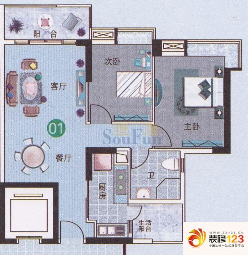 广州新塘新世界花园户型图城央水景华宅组团7栋标准层01户型 2室2厅1