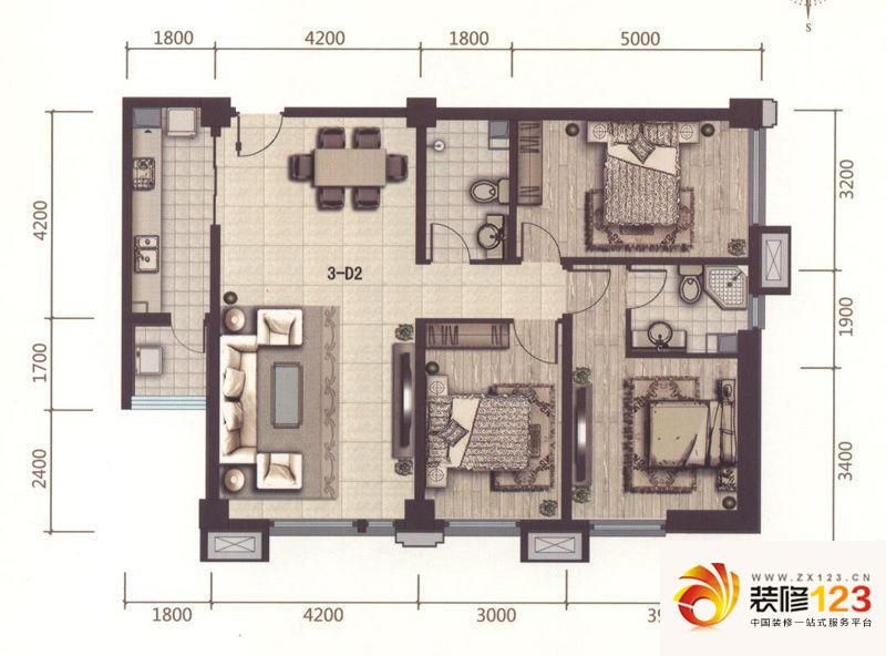 富丽国际户型图3-d2户型 3室2厅2卫1厨