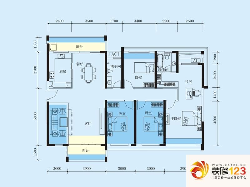 运河蓝湾户型图b座四单元01户型 4室2厅2卫1厨