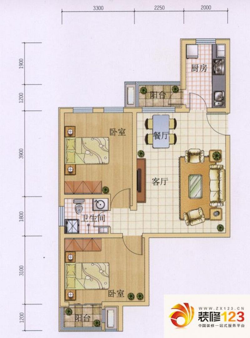 六合轩府户型图6号楼标准层J户型 2室2厅1卫1厨