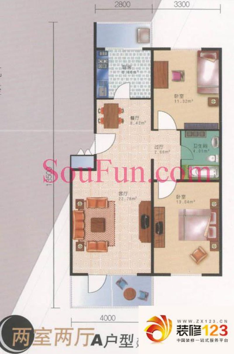 德邑新时空户型图a户型 2室2厅1卫1厨