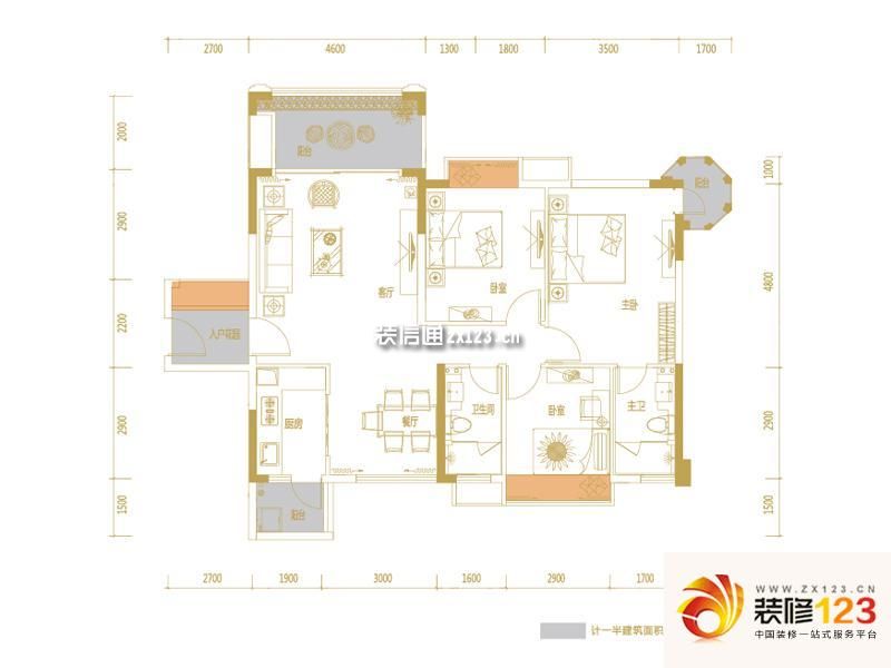 宏益公馆精英汇户型图A1户型三房两厅两卫118.3平米 3室2厅2卫1厨