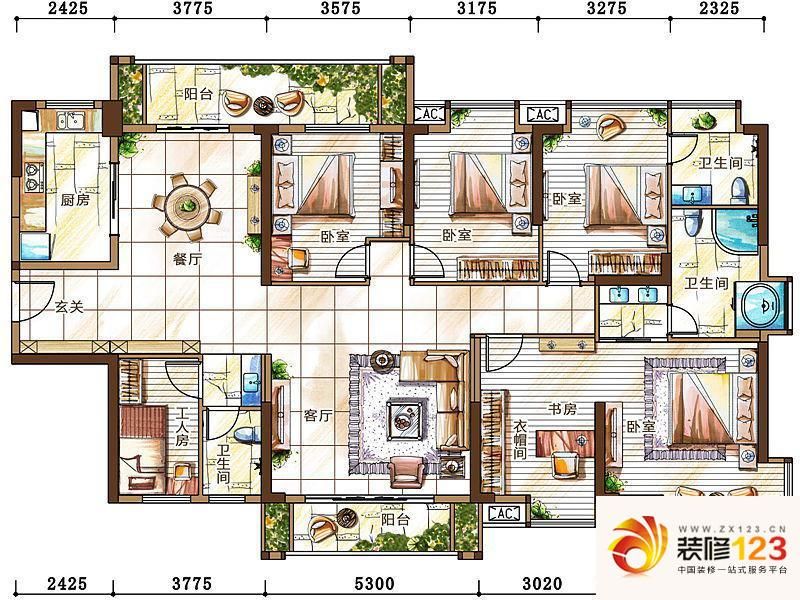 玉台华庭户型图2栋1单元03户型 5室2厅3卫1厨