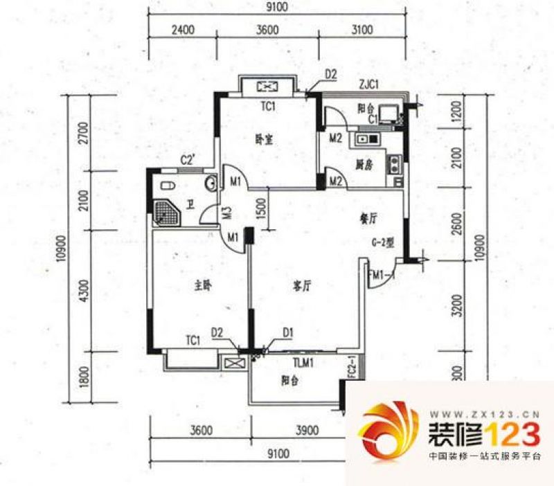 怡然四方锦城户型图2室2厅 户型图 2室2厅1卫1厨