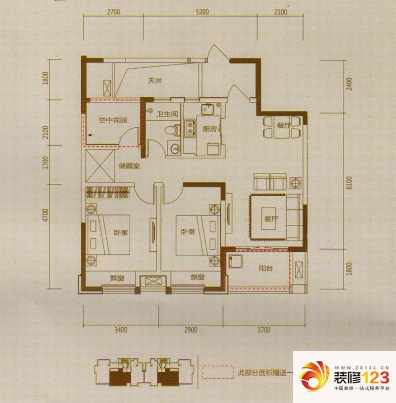 宝业东城广场户型图1栋89平 3室2厅1卫1厨