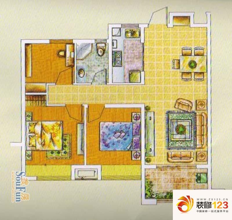 文一云河湾户型图G1-B户型图 3室2厅1卫1厨