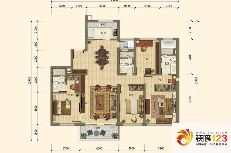 万科璞悦山户型图a户型 4室2厅3卫1厨