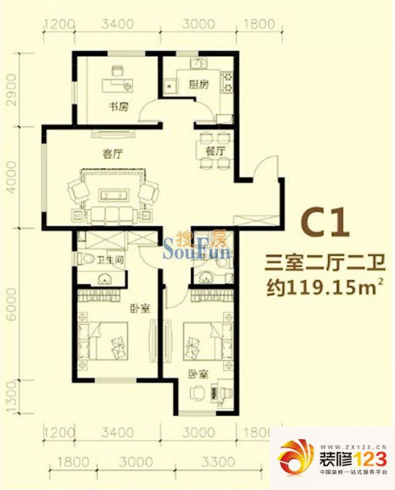 泰莱枫尚户型图c1户型 3室2厅2卫1厨