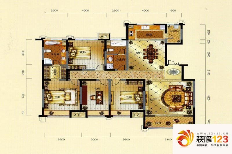 中海凯旋门户型图f户型 3室2厅2卫1厨