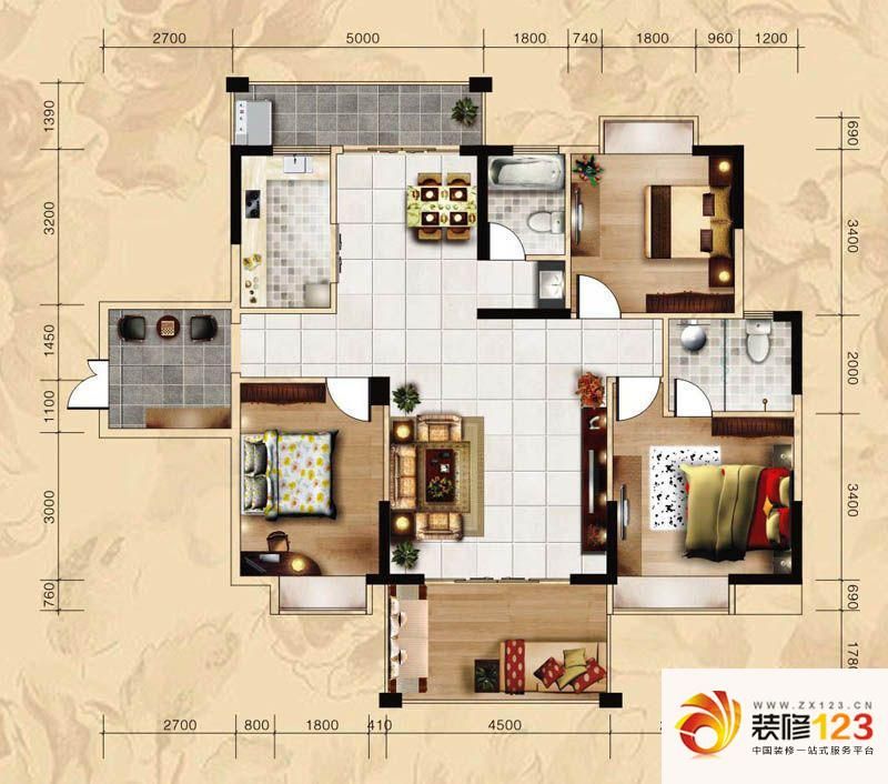 鸿升世纪东方城户型图逸享3 2户型 3室2厅2卫1厨