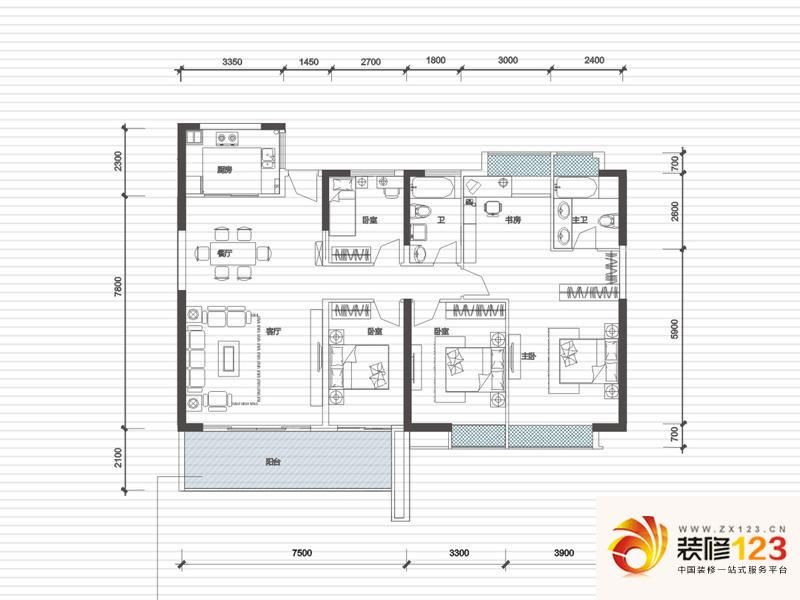 中信水岸城户型图19/20栋j1户型图 5室2厅2卫1厨