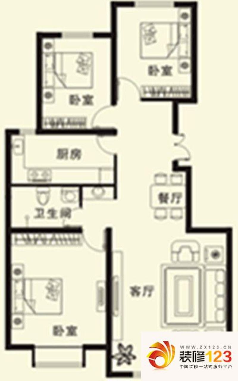 中央郡玉郡户型图二期高层标准层c2户型 3室2厅1卫1厨