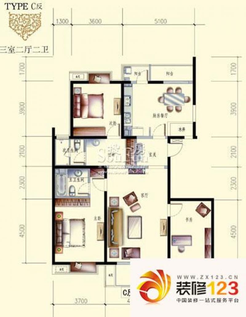 文成建筑户型图2号c1户型 3室2厅2卫1厨