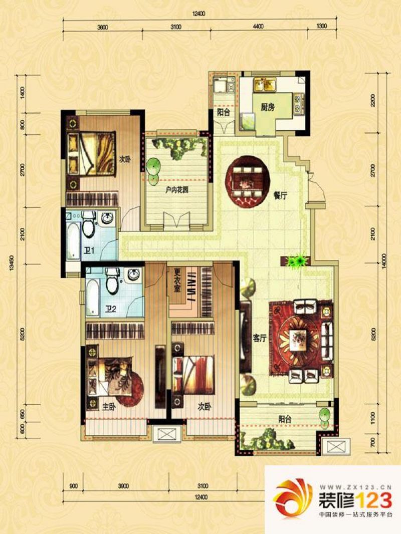 中海紫御东郡户型图户型图 3室2厅2卫1厨