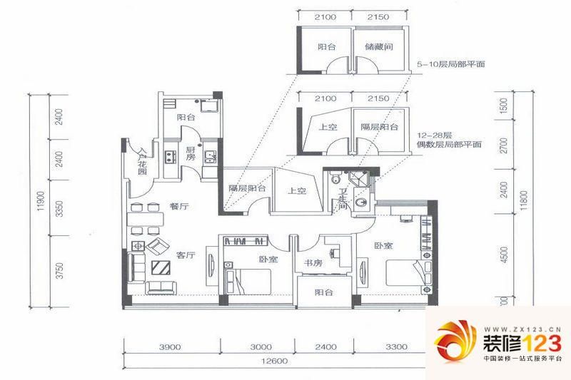 嘉洲公馆户型图AB座11-29层D户奇数层户型图 3室2厅1卫1厨