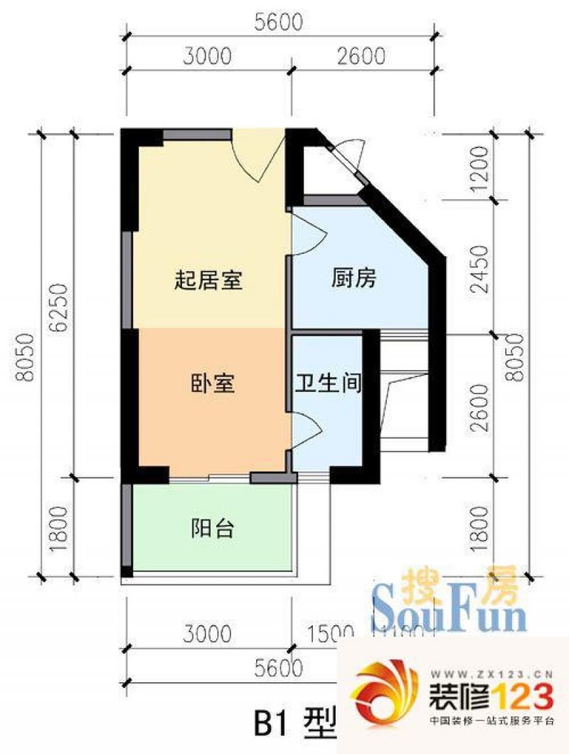 集美滨水小区户型图b1型 1室1厅1卫1厨