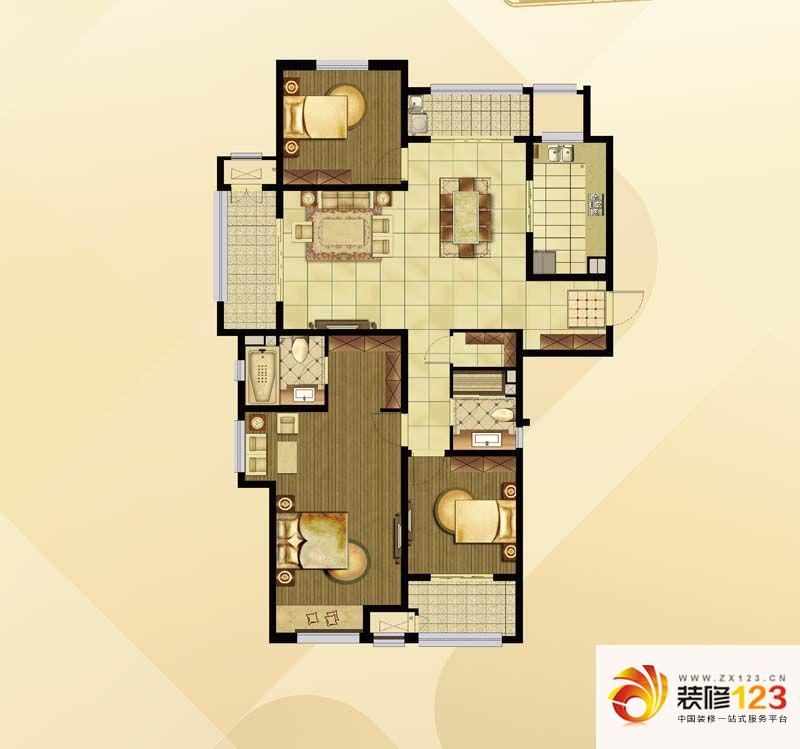 武进吾悦广场户型图二期F户型 3室2厅2卫1厨