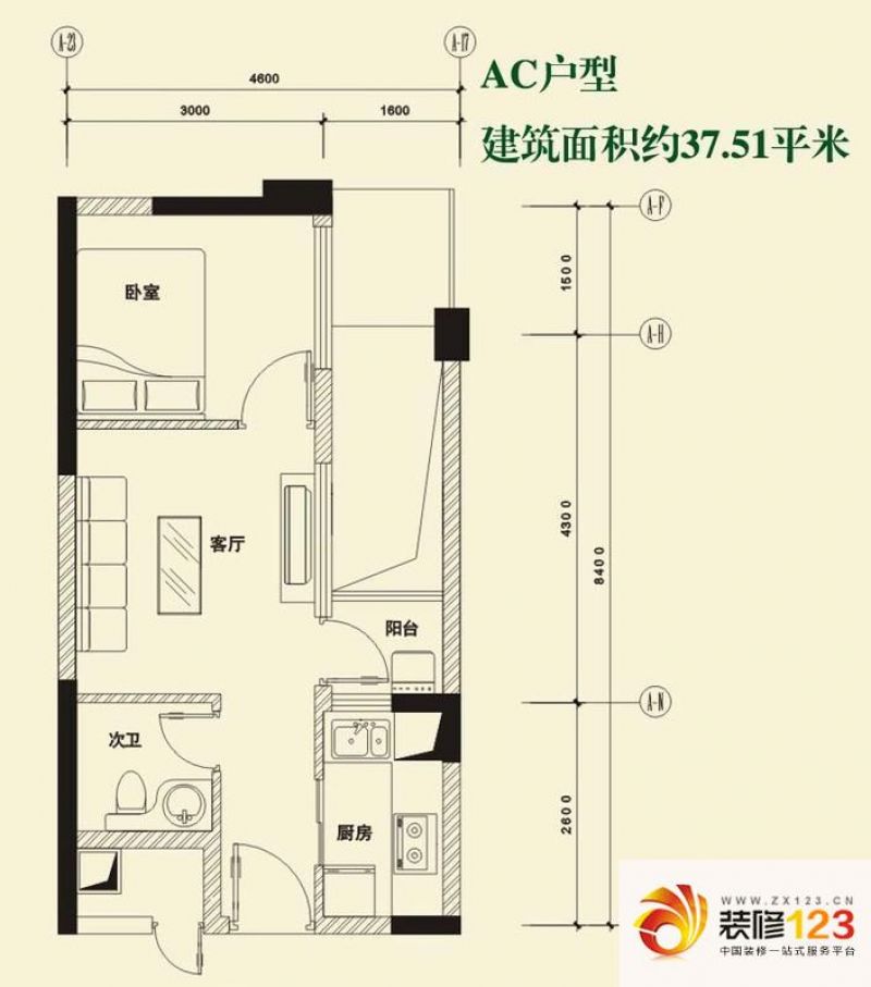 上东湾户型图A栋C户型 1室1厅1卫1厨