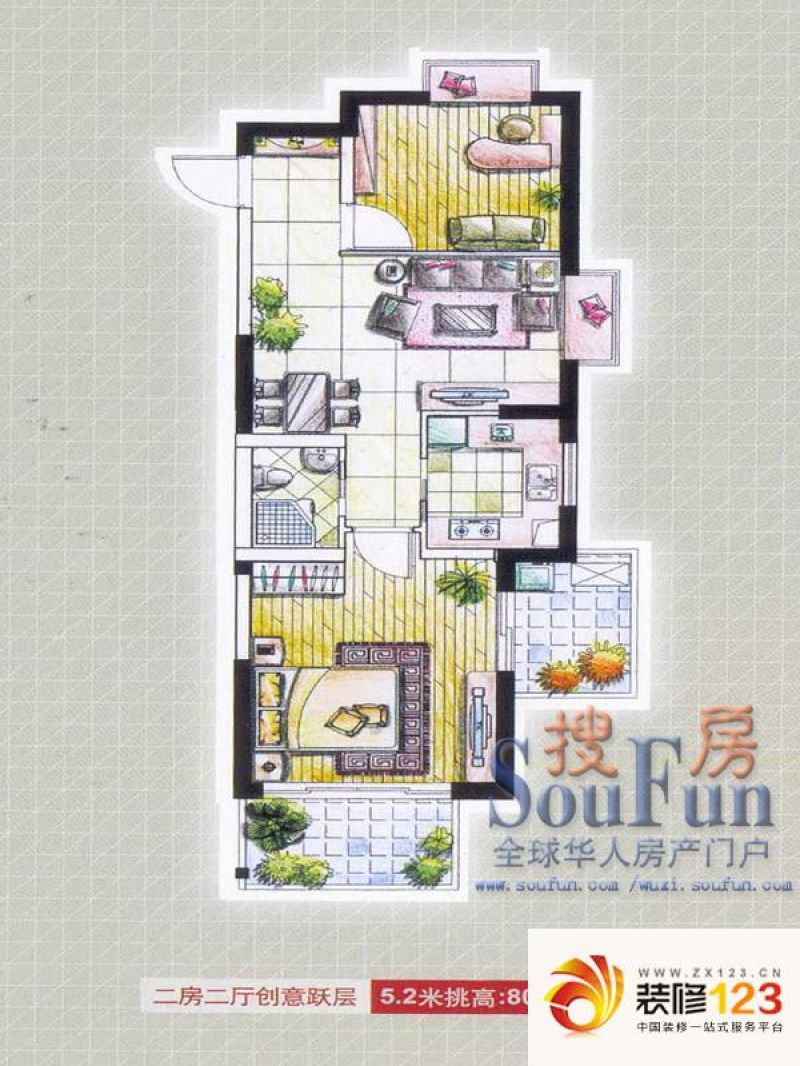 新都会花园二期户型图创意跃层 2室2厅1卫1厨