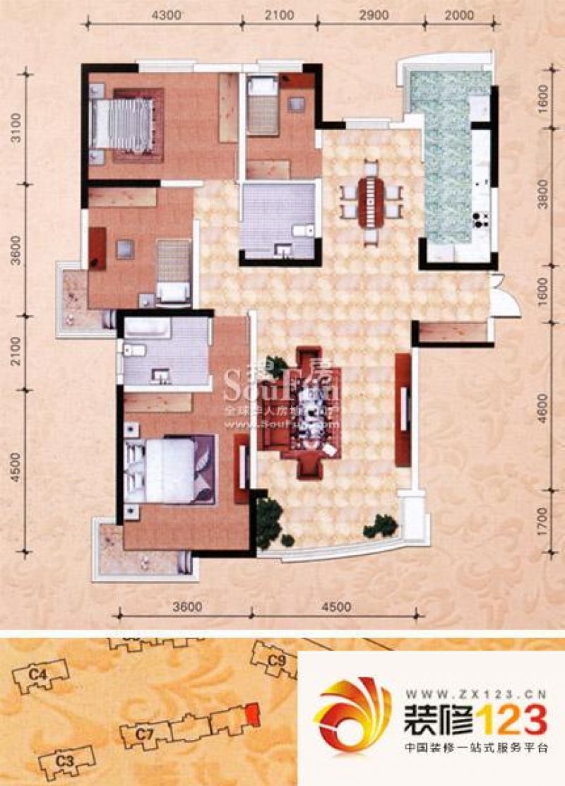 兰州鸿运润园鸿运润园户型图c2区 cc-3 148o 4室2厅2卫1厨图片大全-我