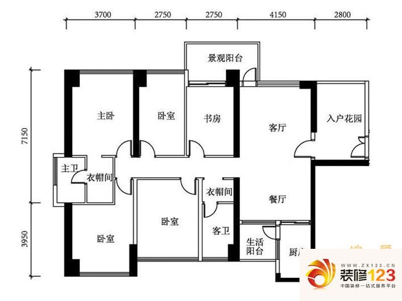 佳兆业城市广场户型图7栋4-48层偶数层a座03,b座05户型 5室2厅2卫1厨