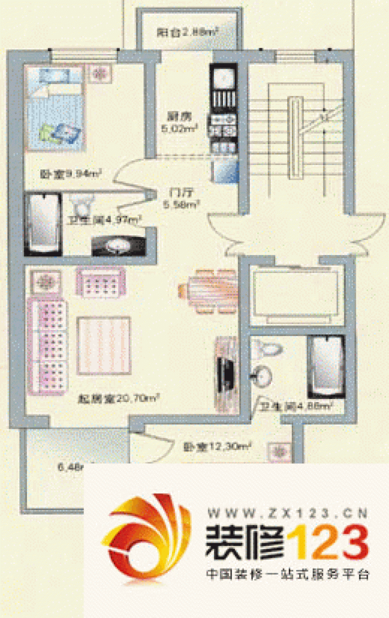 同心嘉园户型图乙2户型 2室2厅2卫1厨